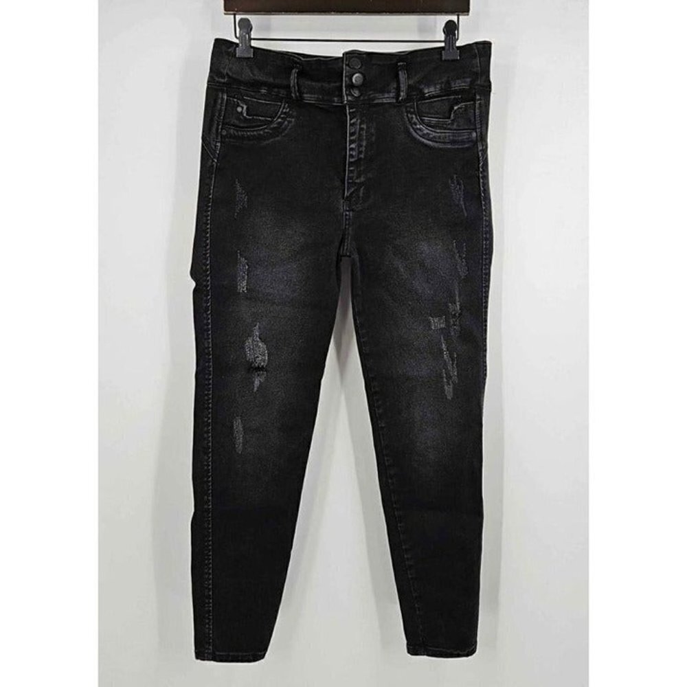 Tissini Womens Black Distressed Stretch Jeans Button Zip Closure Sz 13